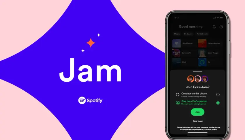 Ekran telefonu z aplikacją Spotify i opcją "Dołącz do Jam Eve".